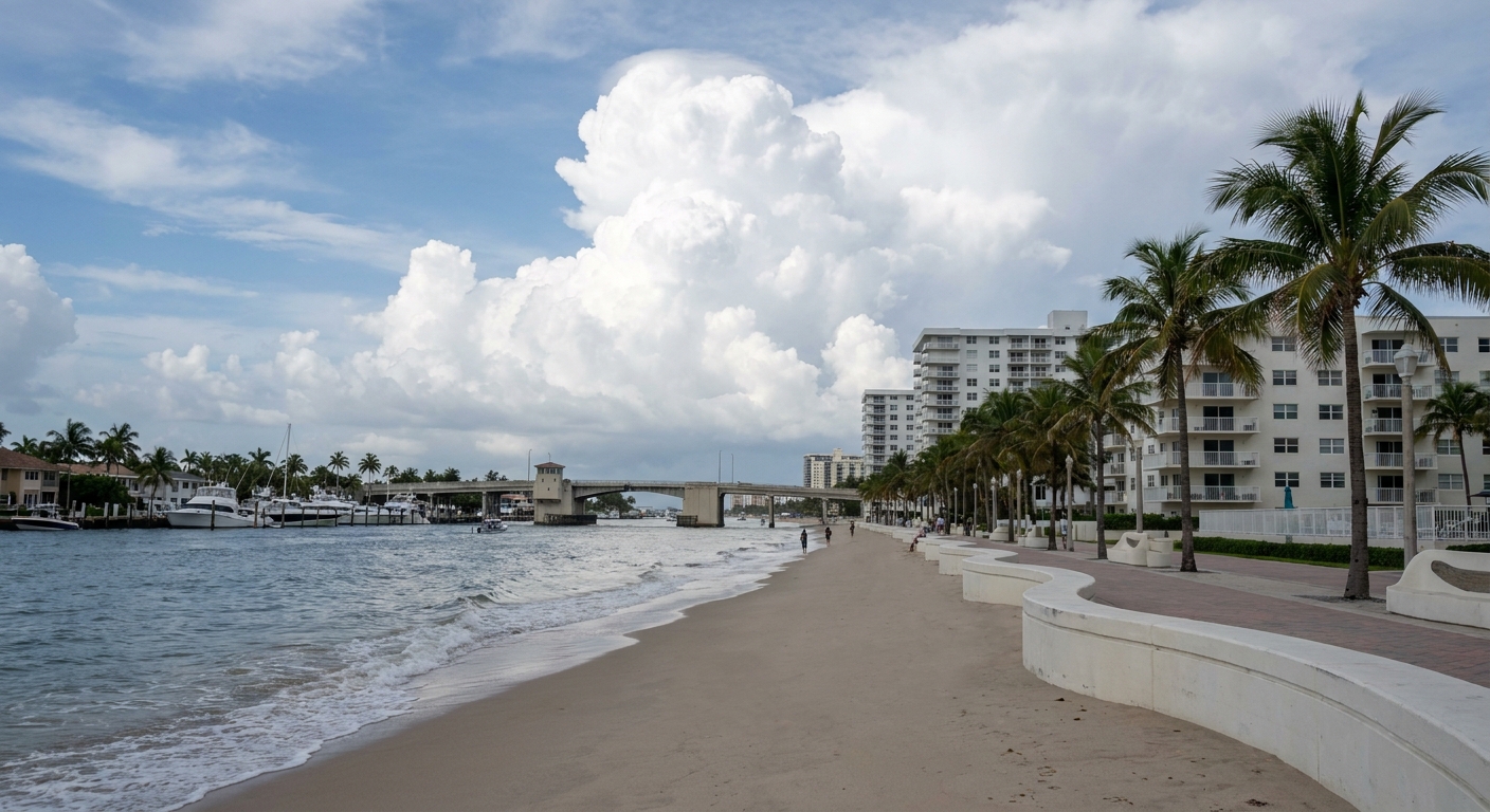 Wide sand and low surf on the Fort Lauderdale oceanfront under a tall white cloud