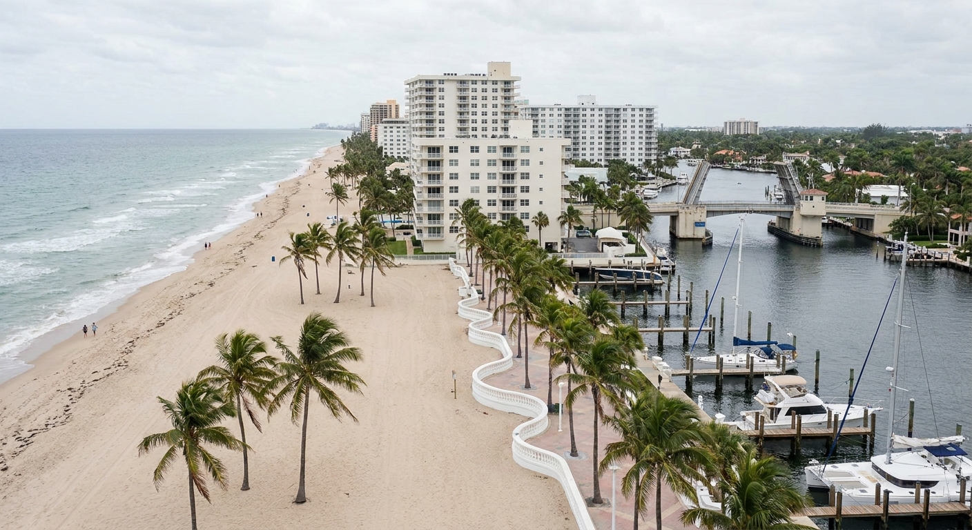 Wide sand beach with low surf and palms along the shoreline at Fort Lauderdale