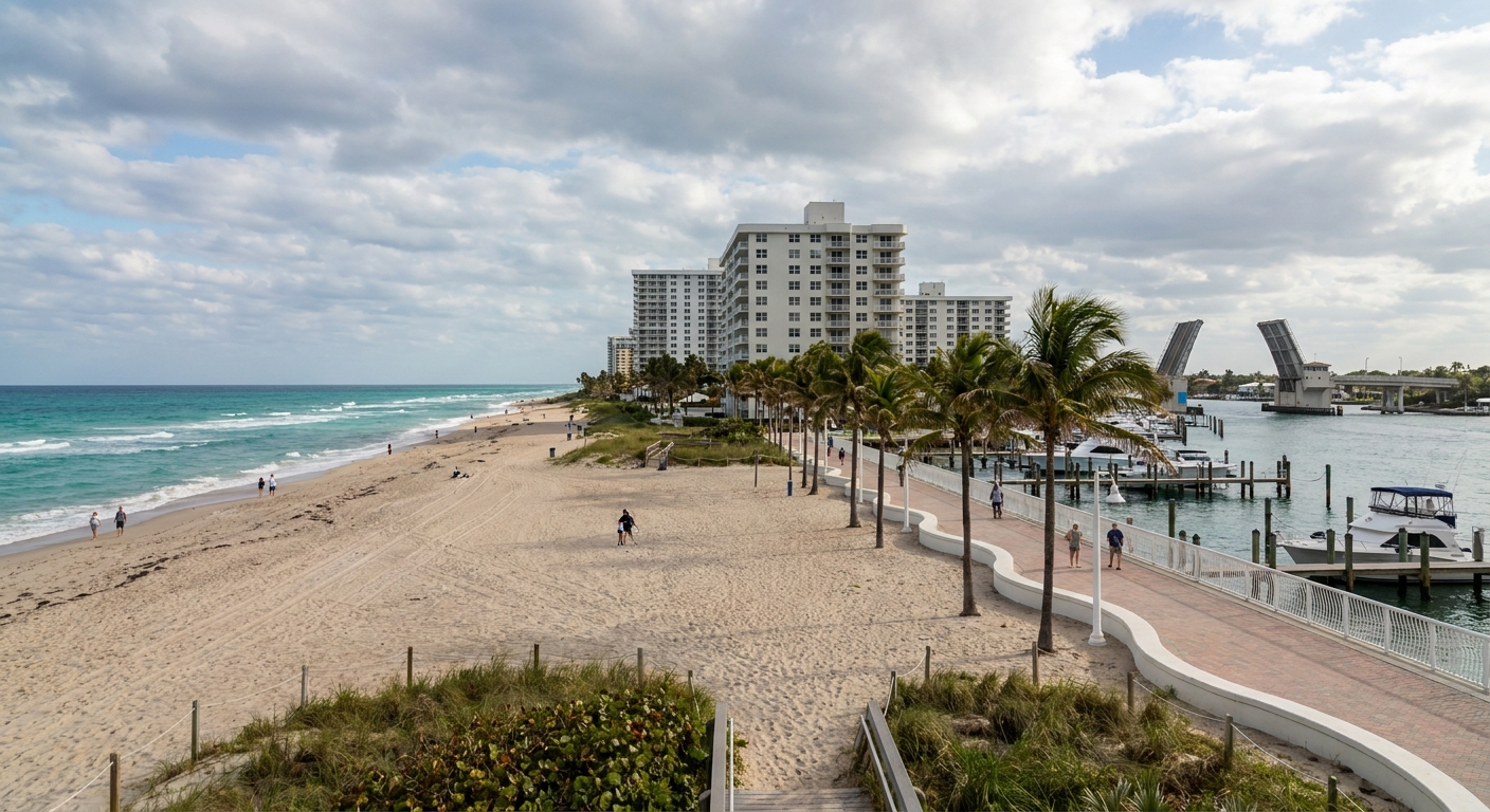 Wide sand beach and turquoise Atlantic water at Fort Lauderdale under a partly clouded afternoon sky