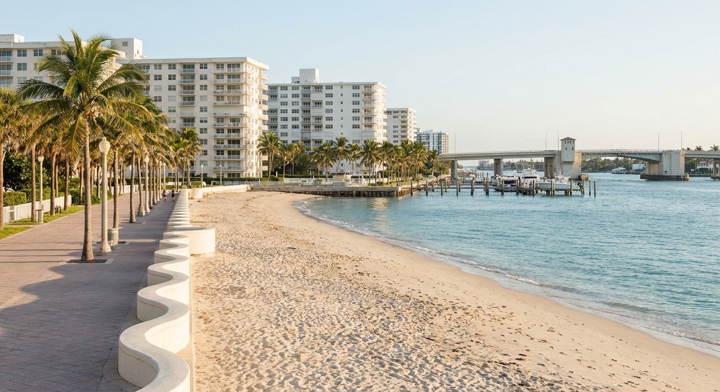 Wide sandy beach with calm turquoise water and low morning sun in southeast Florida
