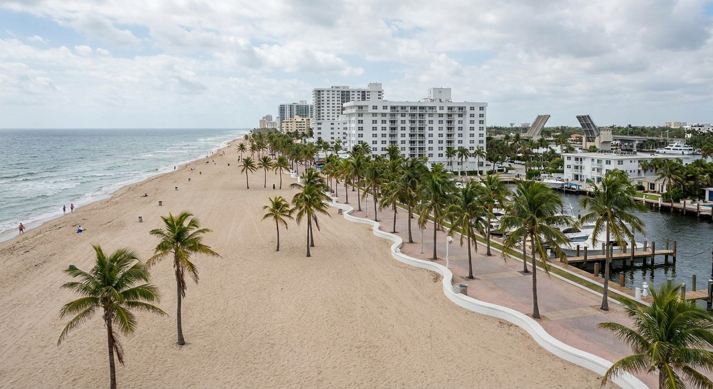 Wide public beach with low surf and palm trees under a partly cloudy sky in Fort Lauderdale