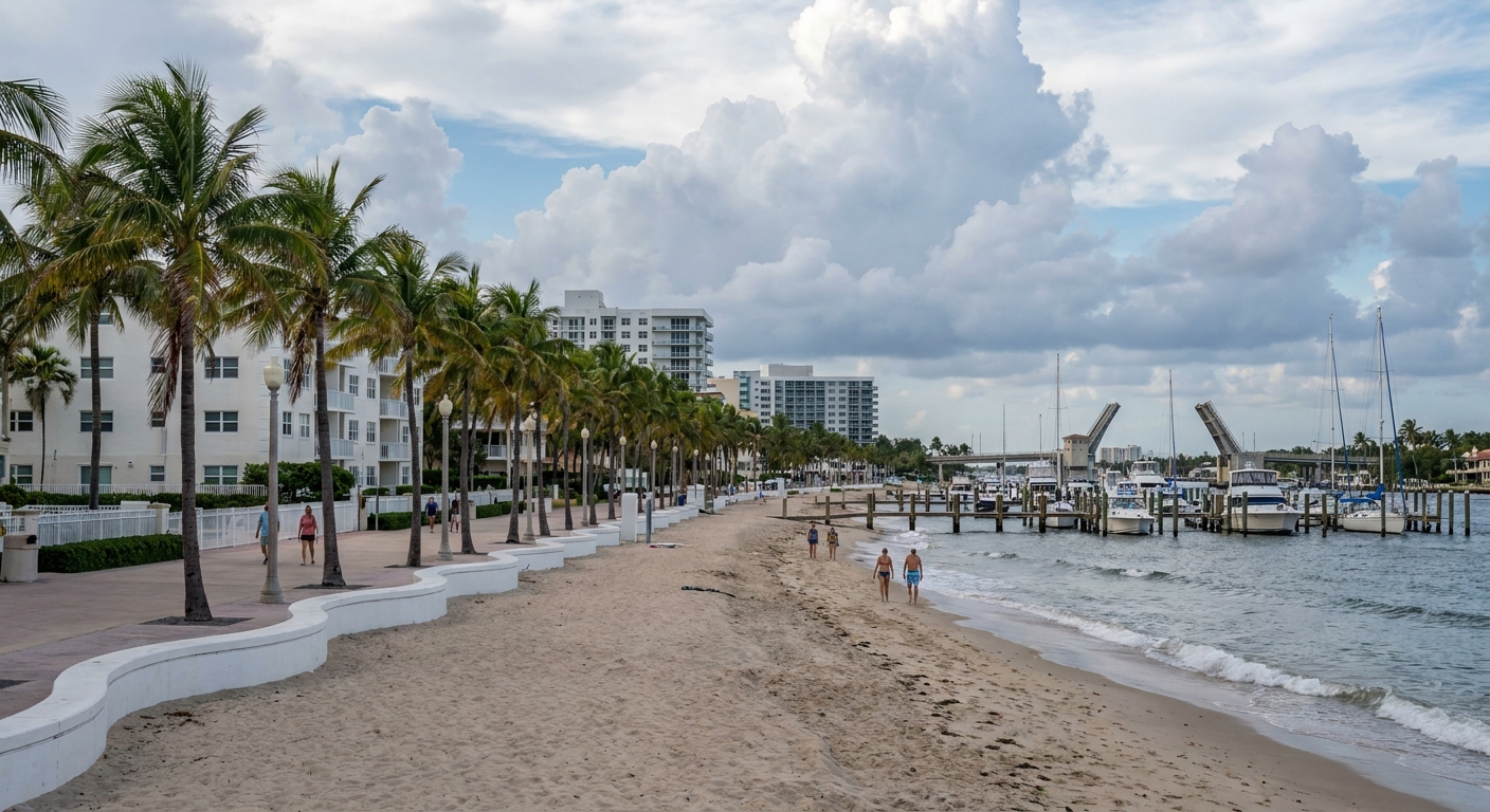 Palm trees and low surf on a wide Atlantic beach under a building afternoon cloud