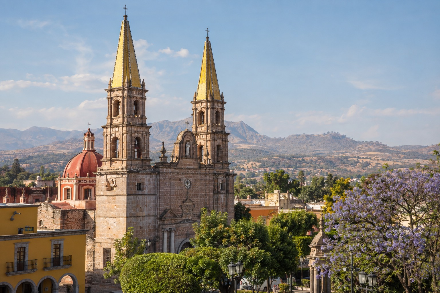 Twin yellow-tiled spires of a cathedral rising above a plaza with trees