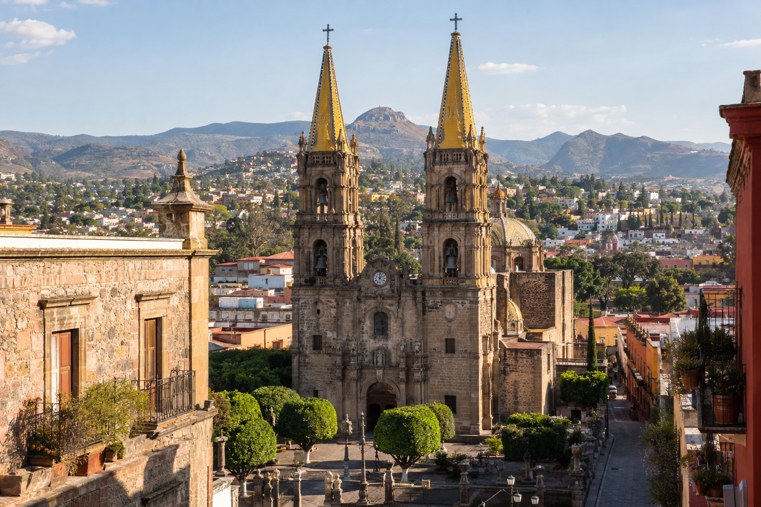 Twin yellow-tiled spires of a large cathedral rising above a paved plaza in afternoon sun