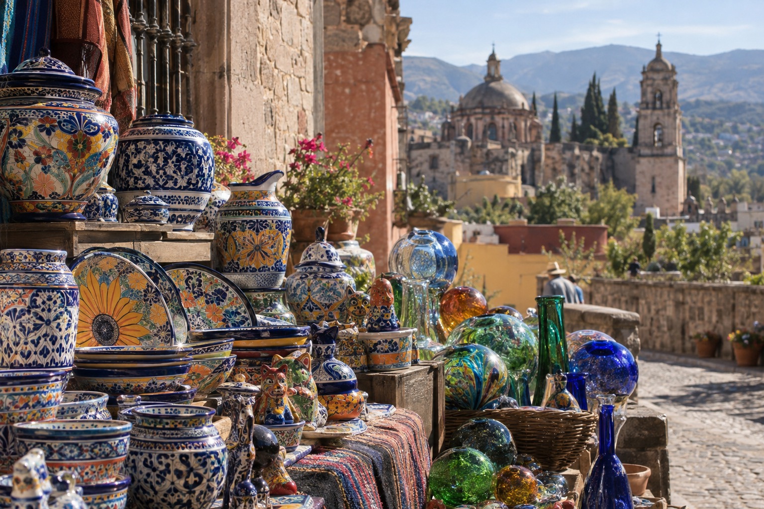 Hand-painted ceramic pots and blown-glass pieces stacked on a market stall in a crafts town