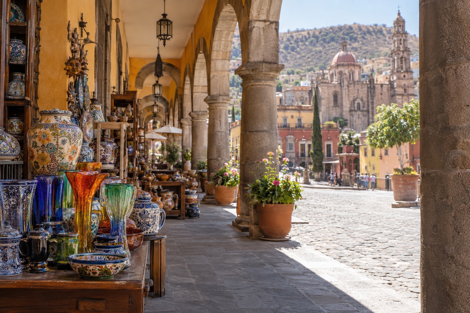 Pottery and blown glass displayed in the arcades of a crafts town near Guadalajara
