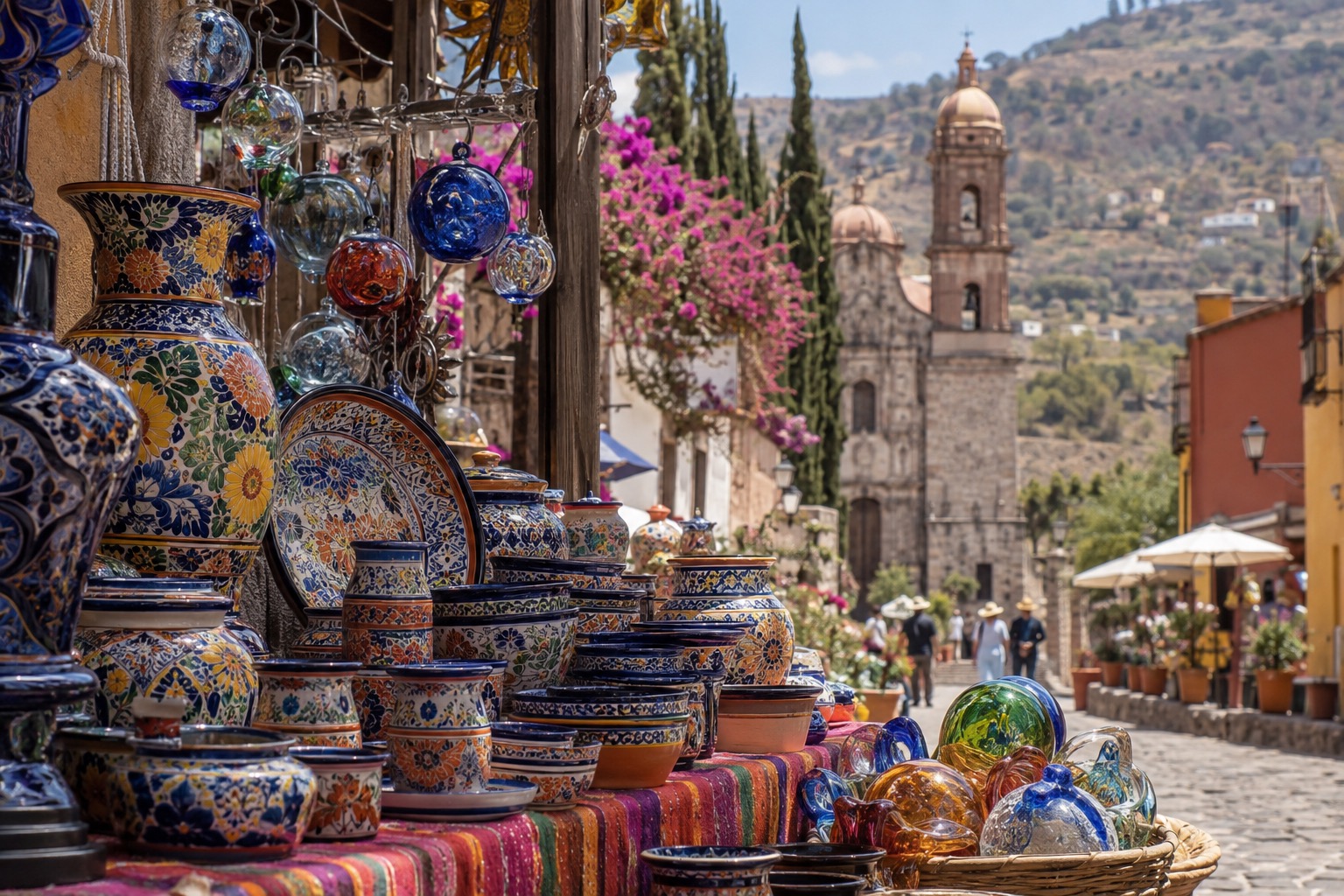 Painted pottery and blown glass on display at a crafts stall