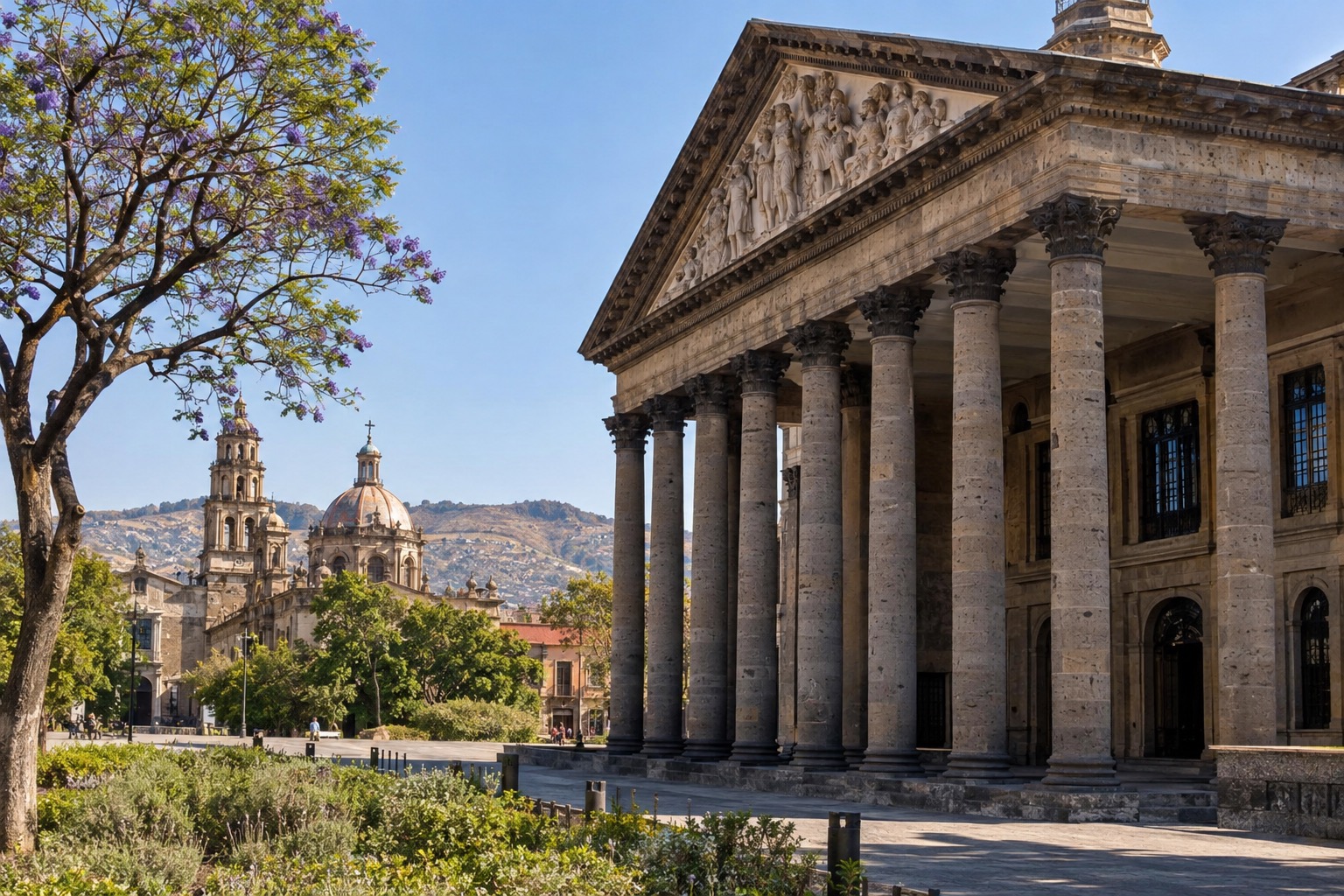 Neoclassical building with a columned entrance in Guadalajara's historic center under a clear sky