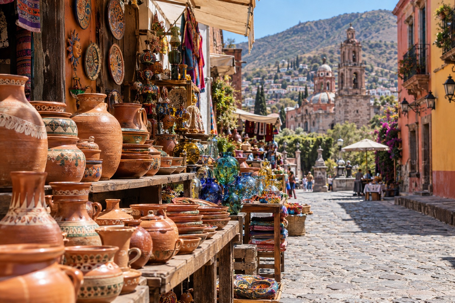 Rows of terracotta pottery and blown glass on stalls along a sunny pedestrian street