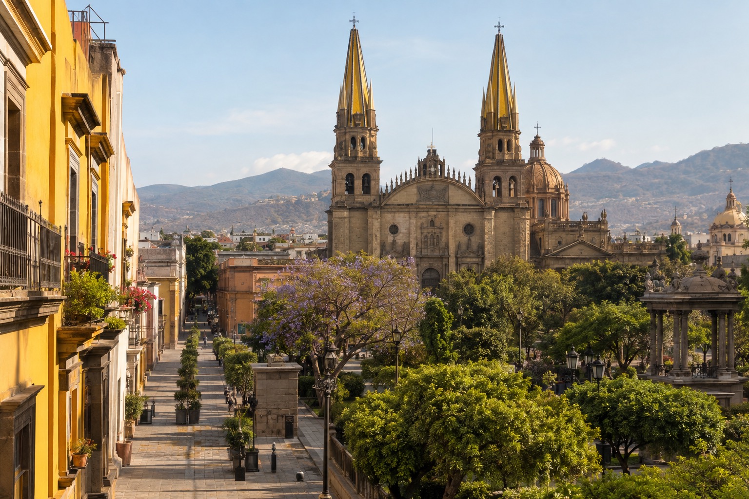 Twin yellow-tiled cathedral spires rising above a plaza in Guadalajara's historic center