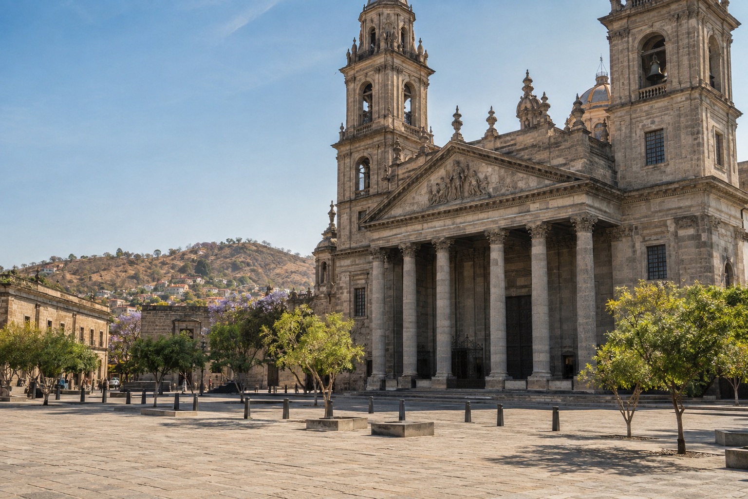 Neoclassical building facade with a wide plaza in front of it in Guadalajara's historic center