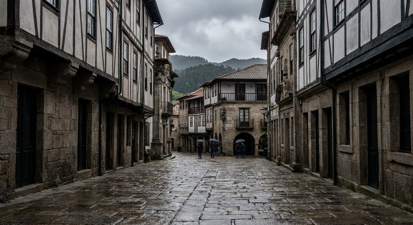 Granite houses with half-timbered upper stories lining a narrow paved street in the historic center of Guimarães