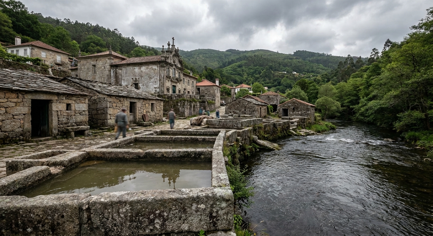 Stone tanning tanks and low workers' houses in the Couros quarter beside the river