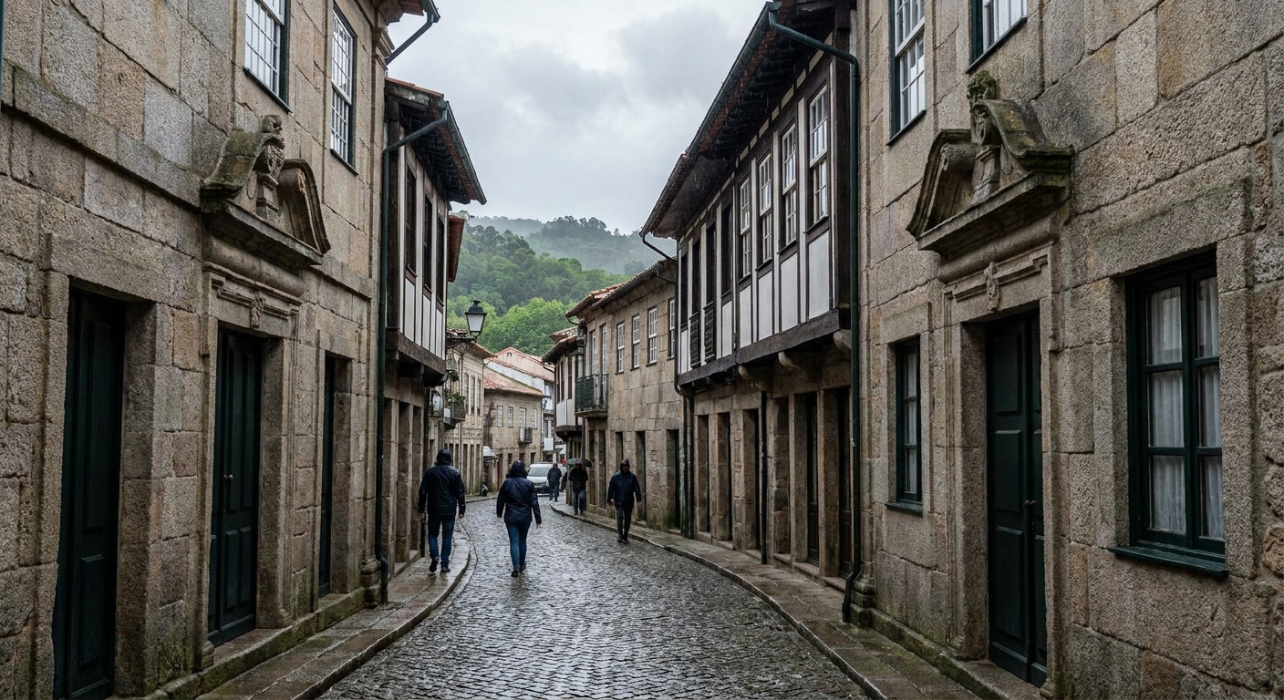 A narrow granite-paved street between old stone houses in the historic center of Guimarães under summer light