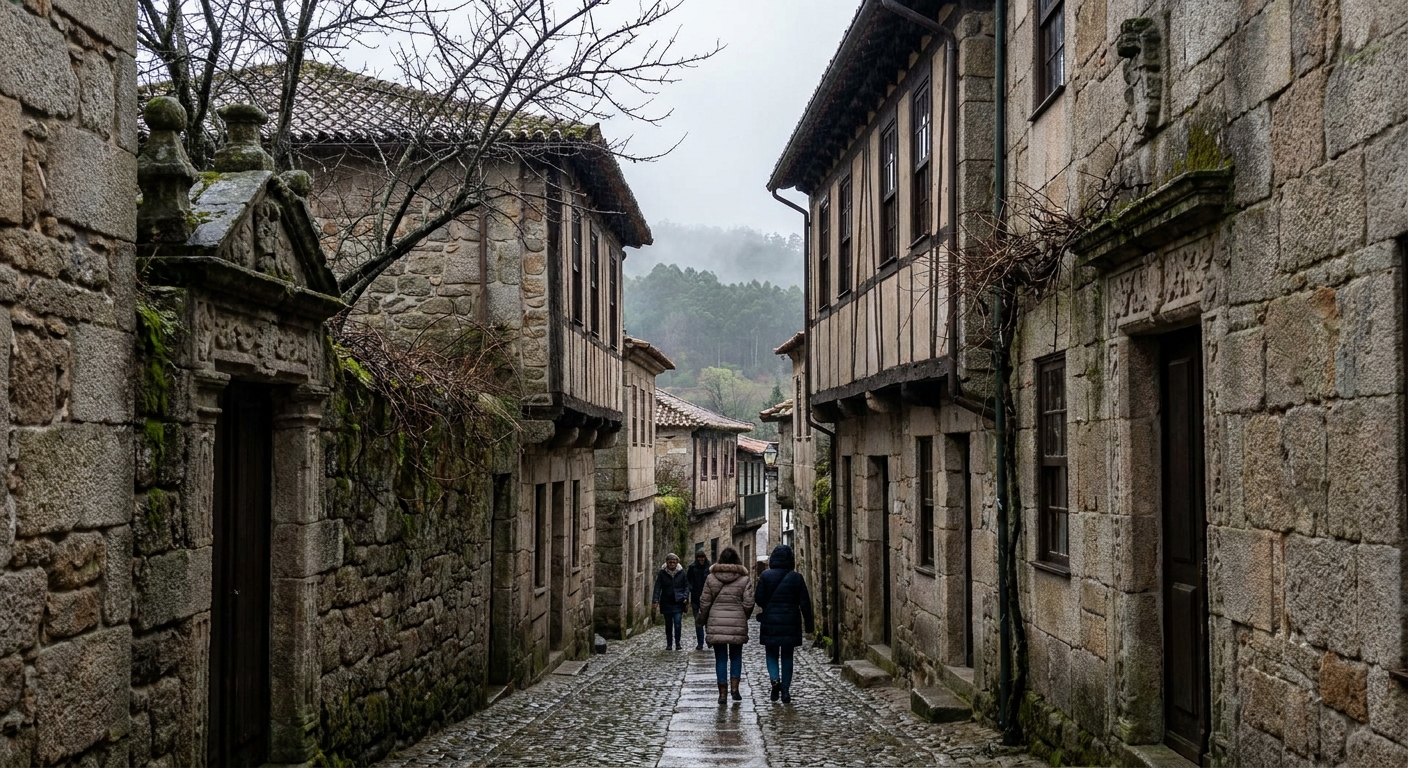 A narrow street of granite houses with half-timbered upper floors in Guimarães under gray winter light