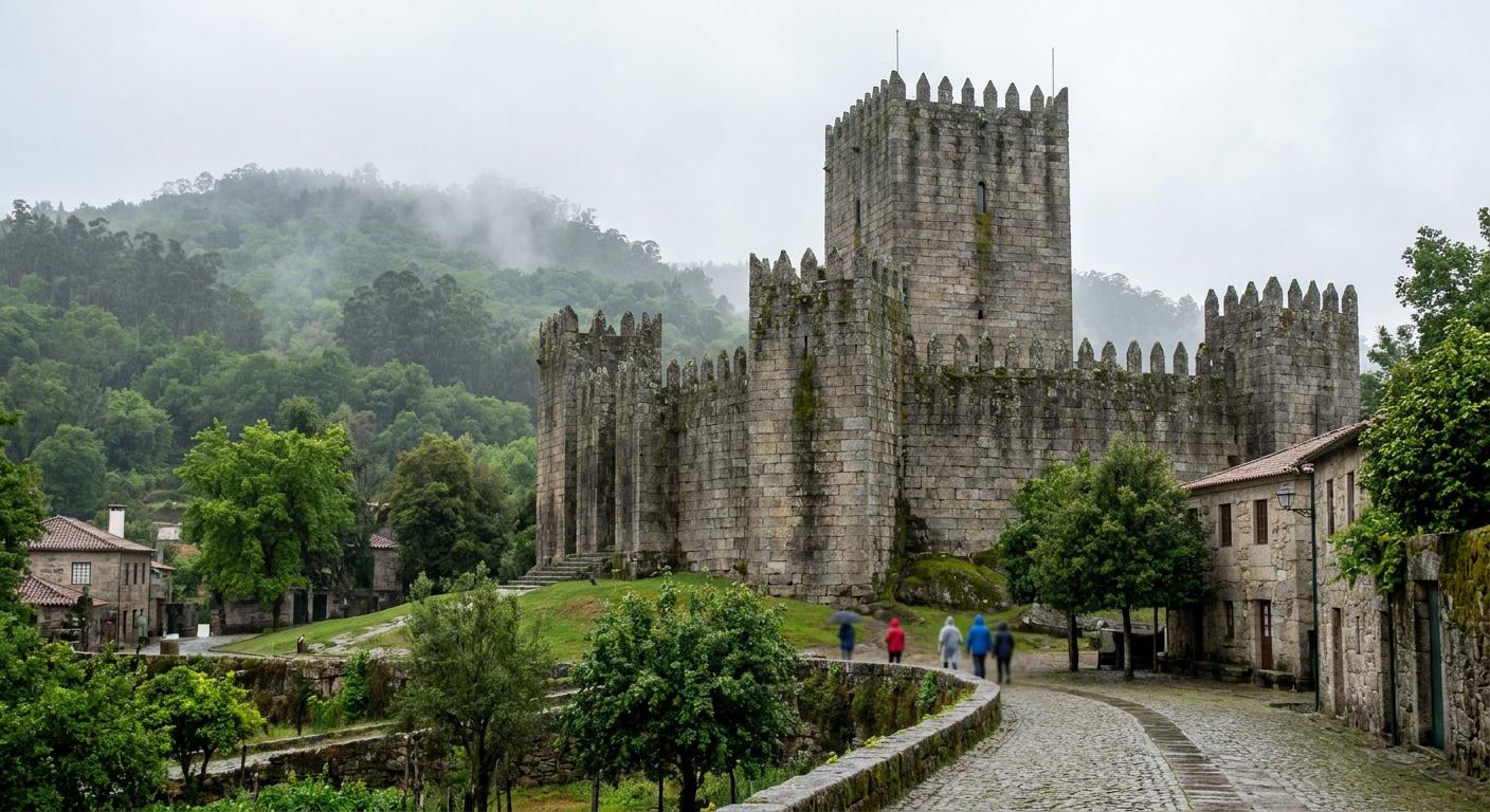 A stone castle keep on a low rise above bare winter trees in Guimarães