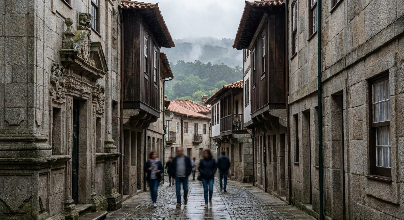 A narrow lane of granite ground floors carrying half-timbered upper stories in Guimarães