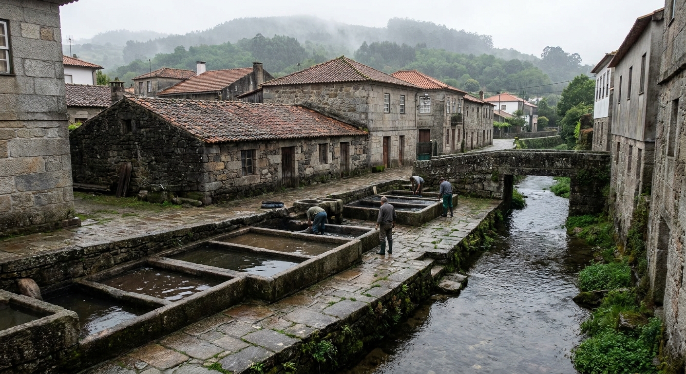 Stone tanning tanks and low workers' houses beside a river in the Couros quarter of Guimarães
