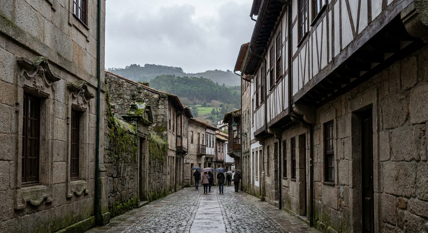 Granite houses with half-timbered upper stories lining a narrow street in the historic center of Guimarães under gray winter light