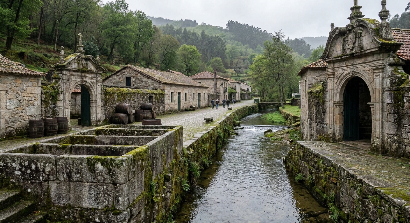 Stone tanks and low nineteenth-century buildings of a former tanning quarter beside a small river