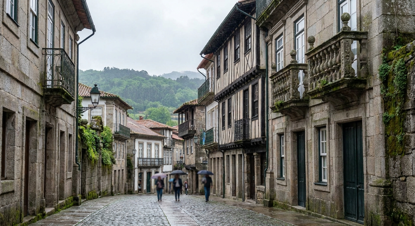 Granite towers of a medieval castle rising above tiled rooftops in Guimarães under bright summer light
