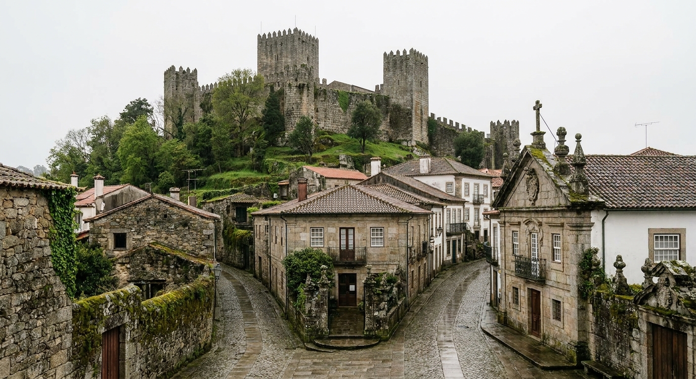 Narrow street of granite houses with half-timbered upper stories in the old town of Guimarães