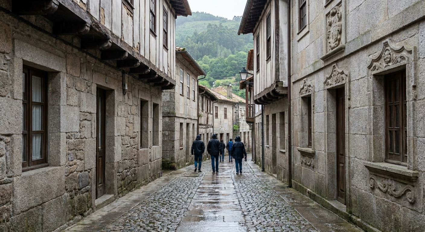 Narrow street of granite ground floors with half-timbered upper stories in the walled center of Guimarães