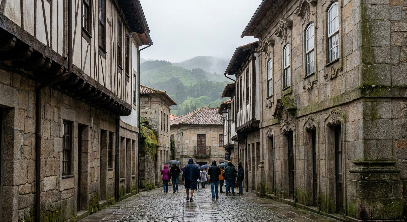 Granite houses with half-timbered upper floors along a narrow street in the historic center of Guimarães