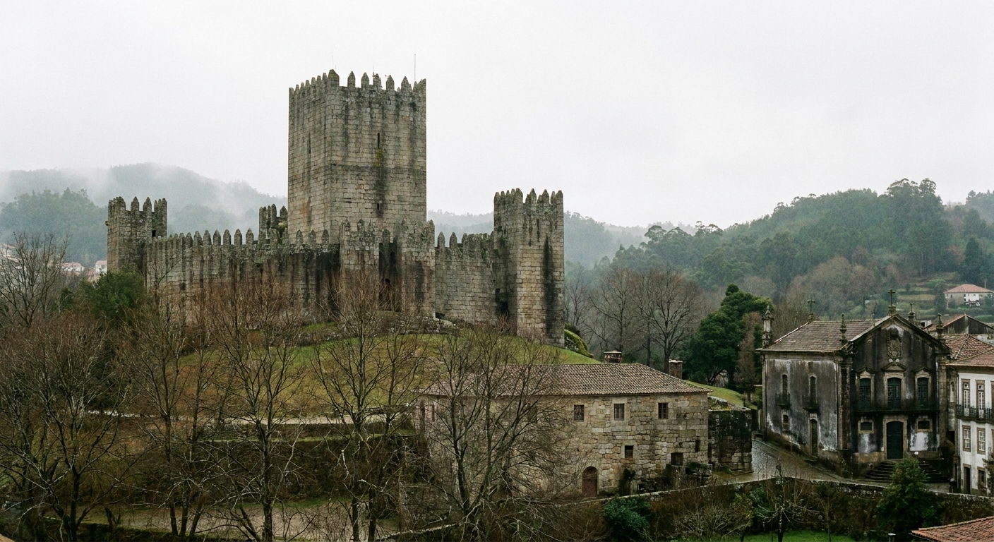 Stone tanning tanks and low workers' houses in the Couros quarter of Guimarães under an overcast sky