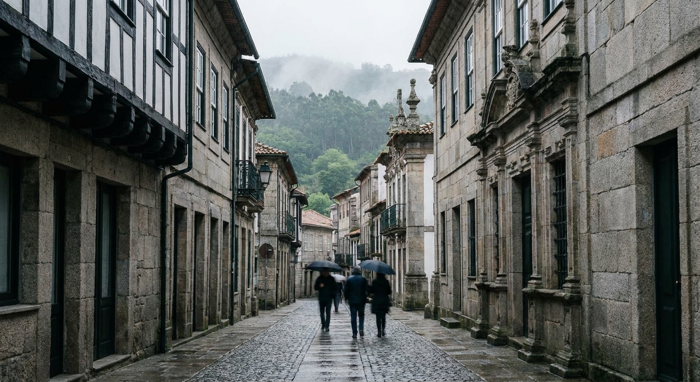 Narrow street of granite ground floors with half-timbered upper stories in an old Portuguese town