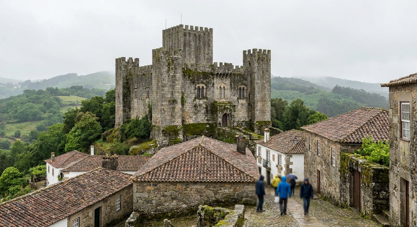 Stone castle keep on a green rise above red-tiled roofs