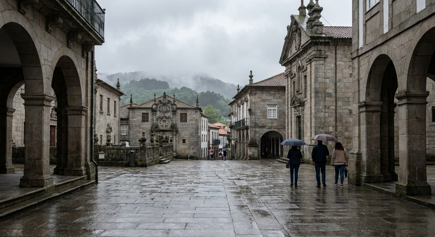 Narrow granite street in the old town of Guimarães under gray light