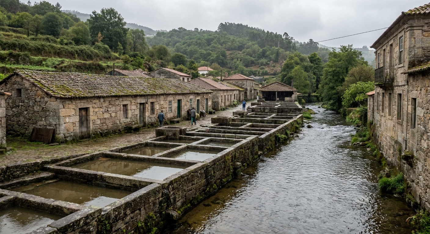 Stone tannery tanks beside a small river in the Couros quarter of Guimarães