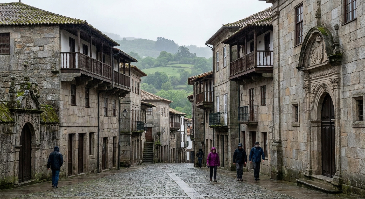 Granite houses with wooden upper stories around a paved square in the old town of Guimarães
