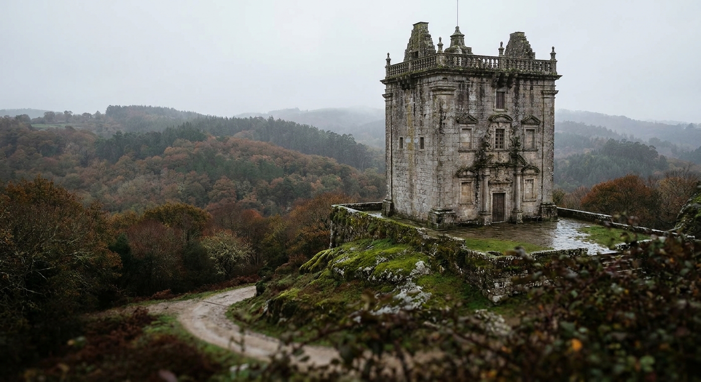 Stone castle keep on a low rise above trees under an overcast autumn sky