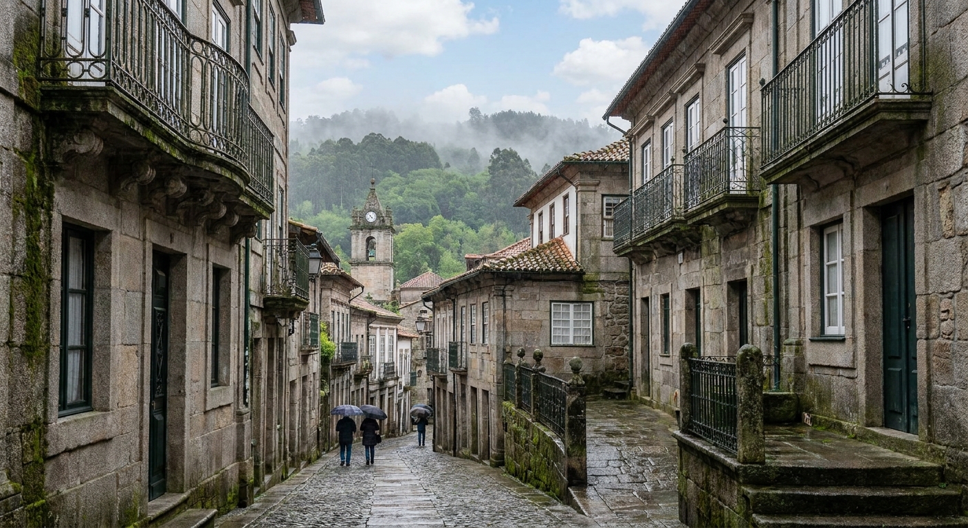 Granite houses with half-timbered upper stories around a paved square in the historic center of Guimarães
