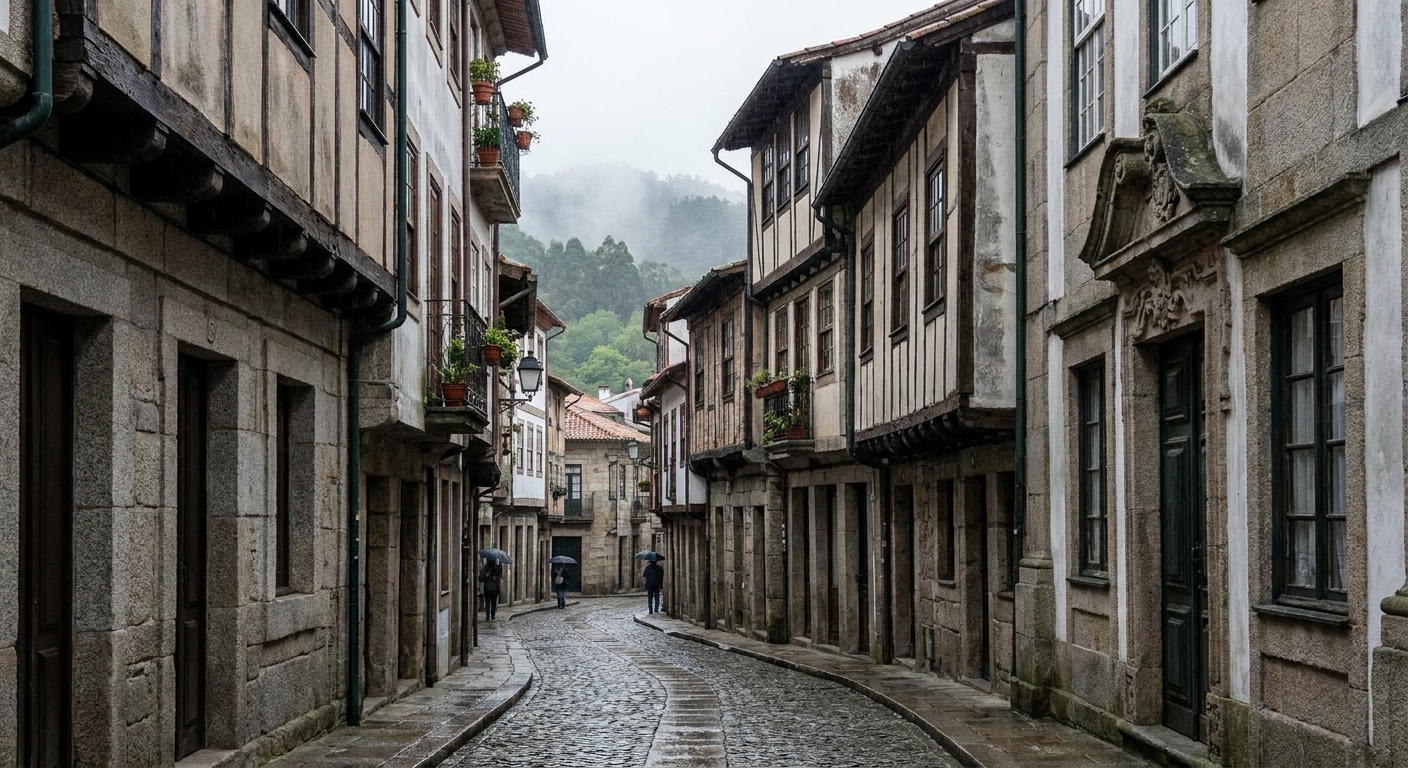Stone tanning tanks and low workers' houses along a small river in the Couros Zone of Guimarães