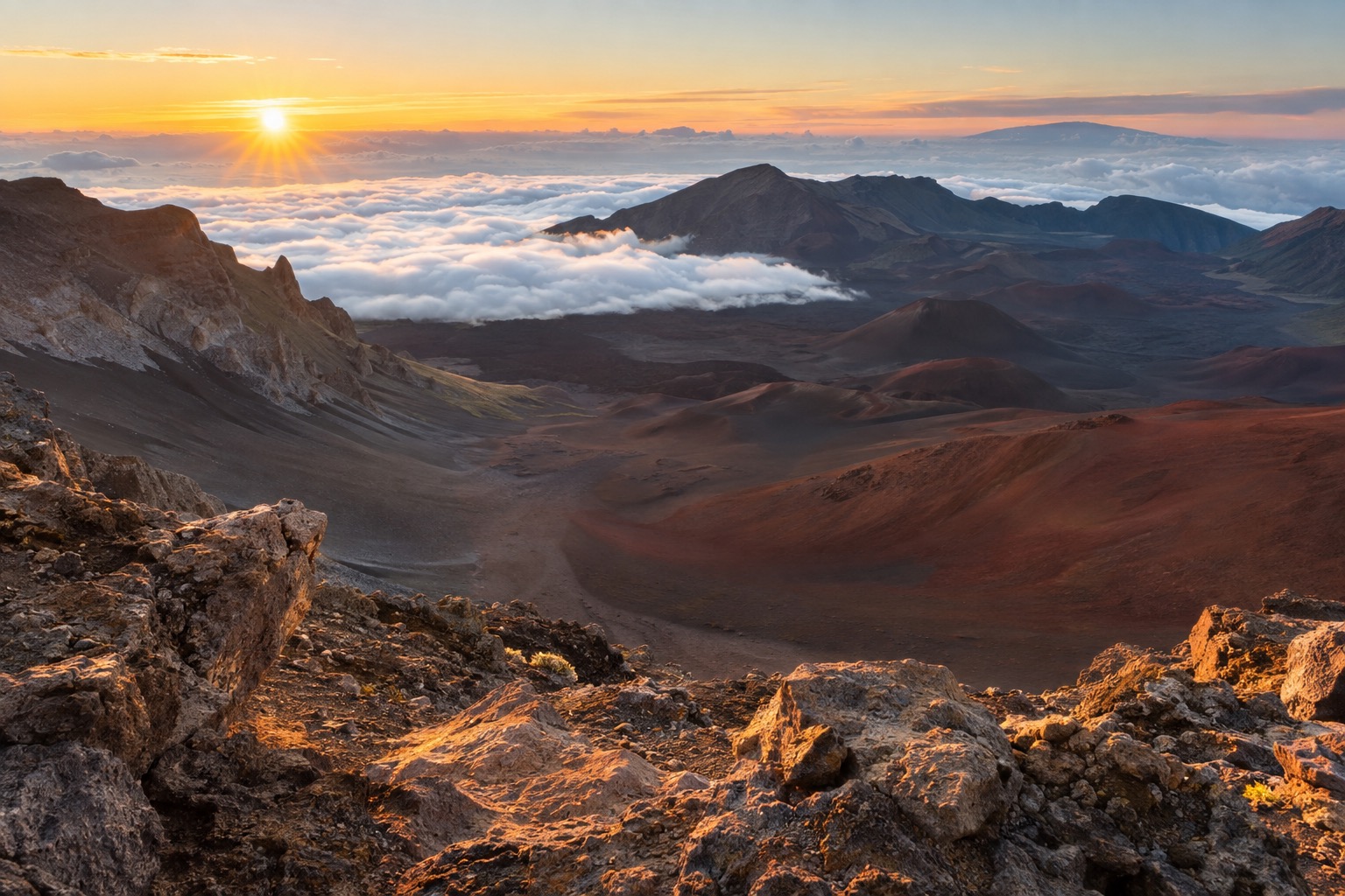 Sunrise light over a cinder-cone crater seen from a high overlook, with clouds below the rim