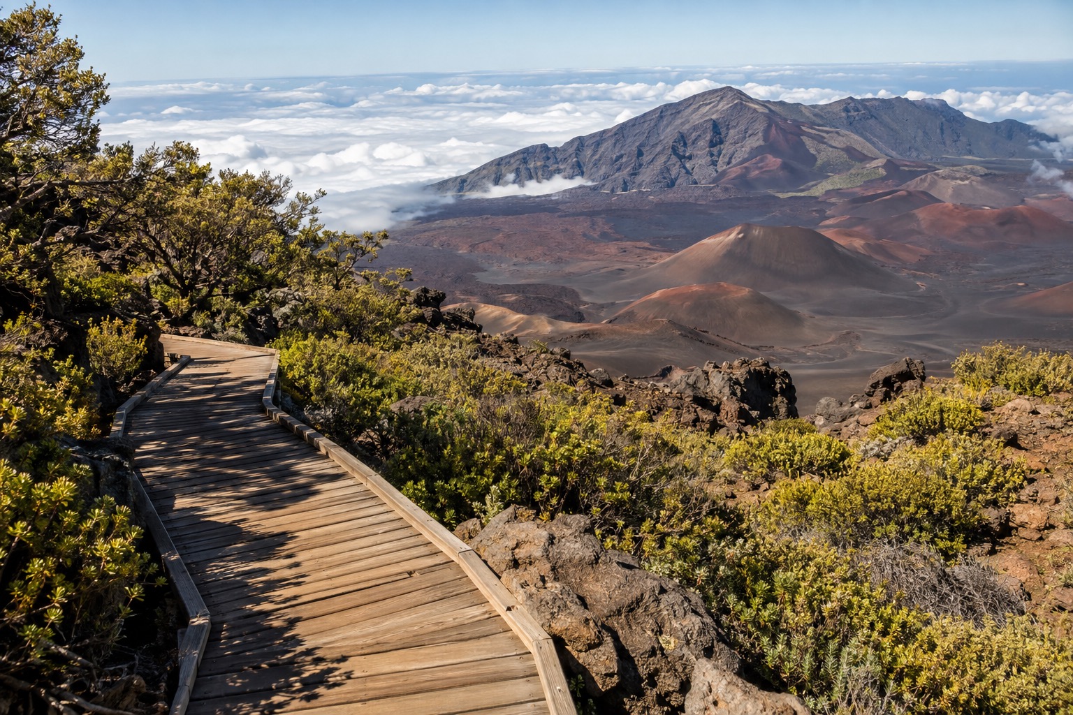 A boardwalk trail through native forest at Hosmer Grove on Haleakala