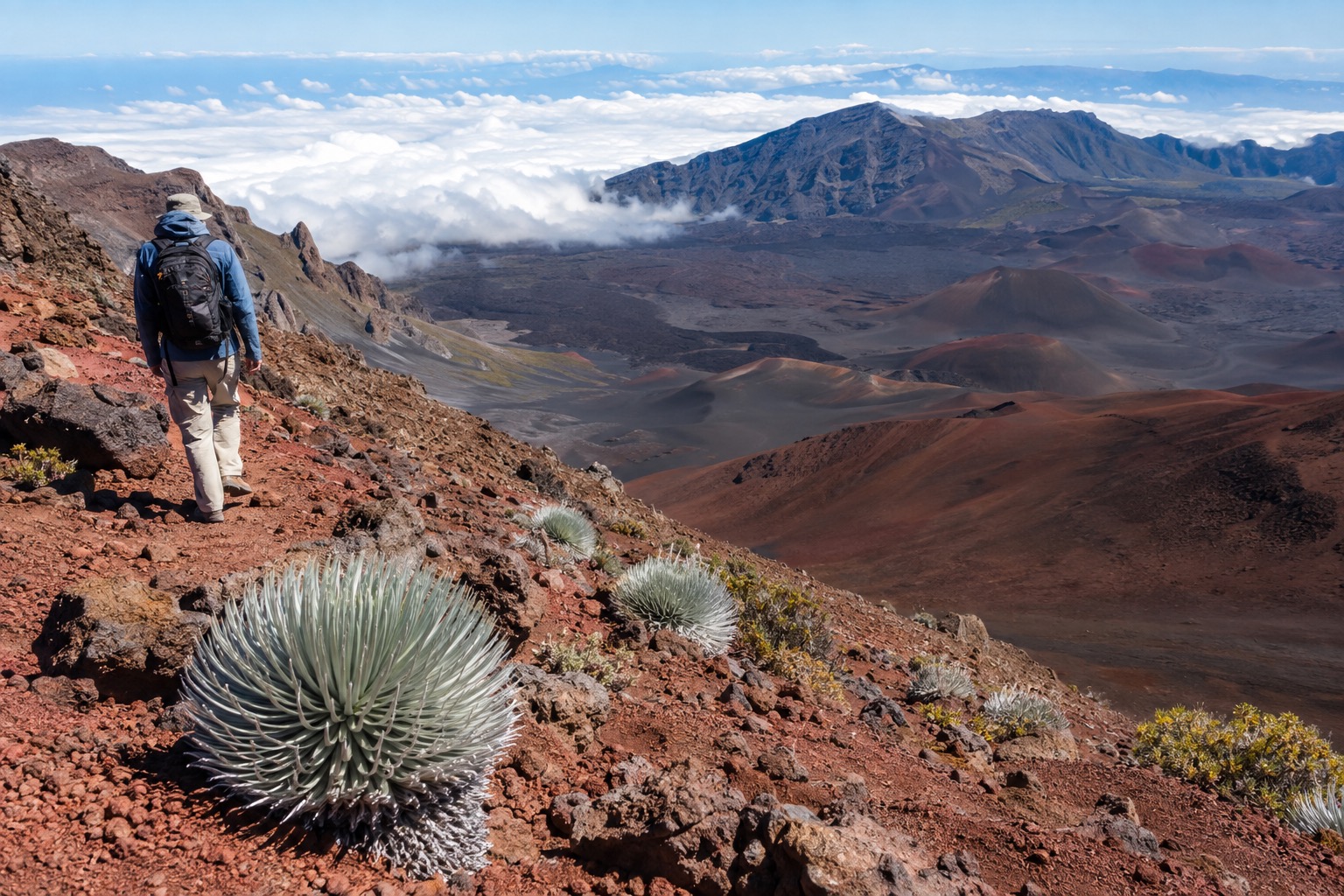 A hiker walking past silvery, spiky silversword plants on red cinder inside Haleakala's crater