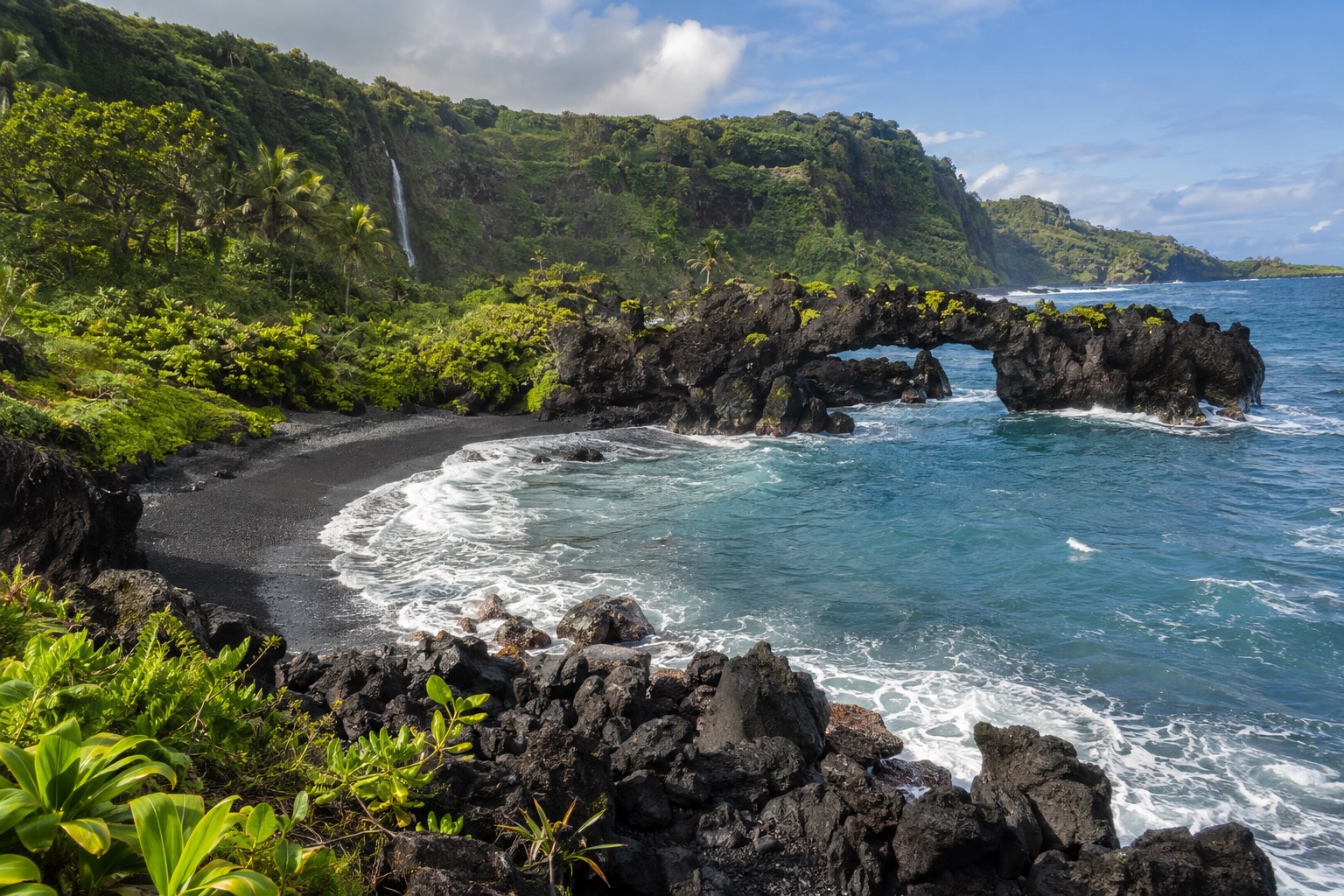 A black sand beach cove backed by a lava rock arch and green cliffs