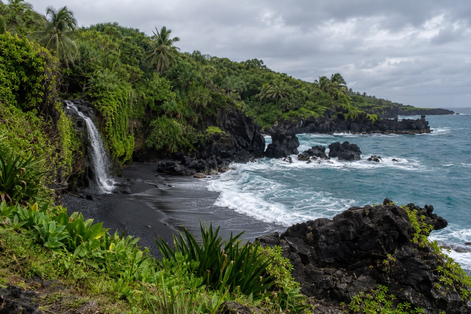Waianapanapa State Park's black sand beach and lava rock coastline under an overcast February sky