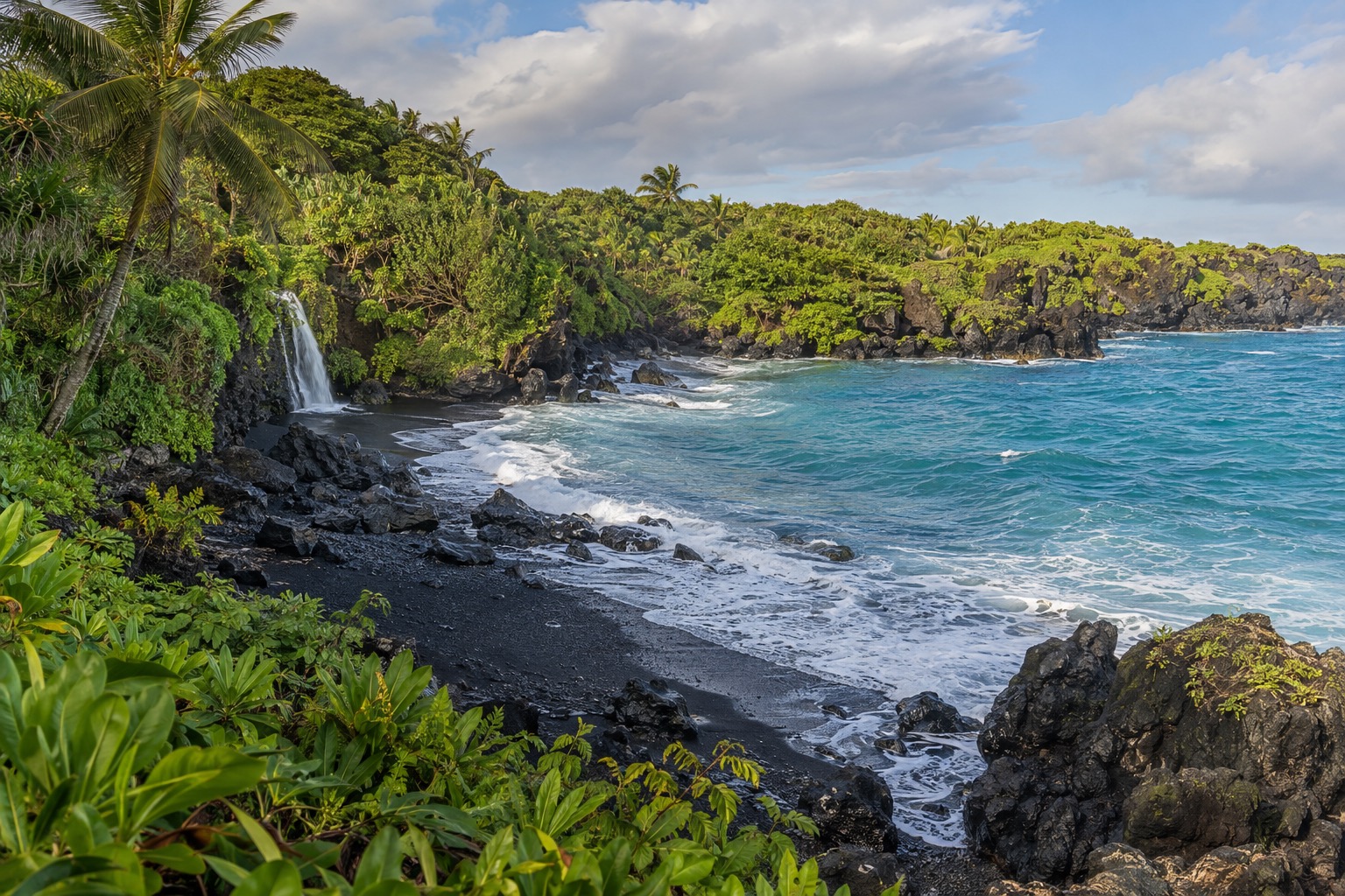Black volcanic sand beach with turquoise water and green cliffs at Waianapanapa State Park
