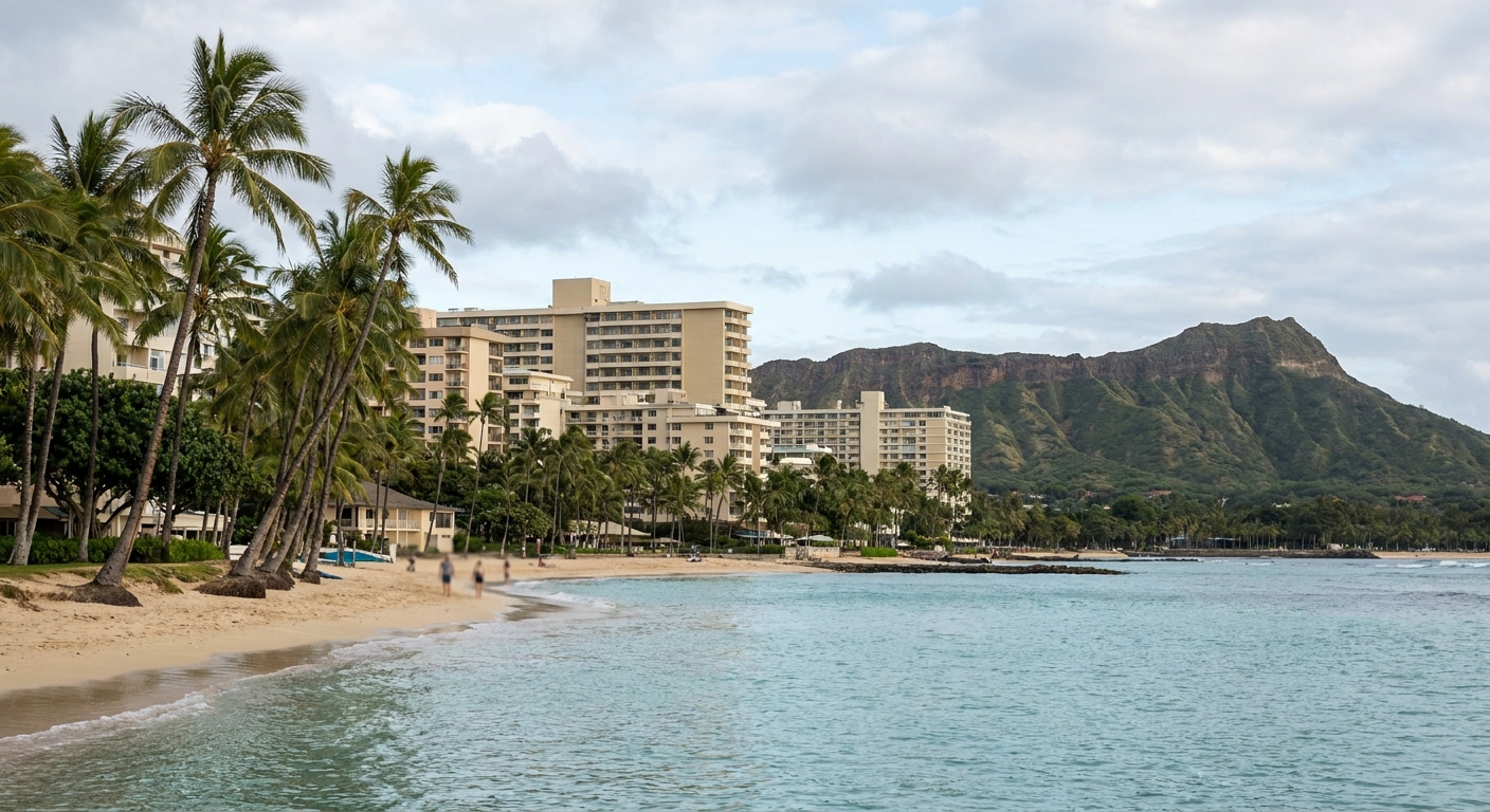 Palm trees and calm turquoise water along a leeward Hawaiian beach in April