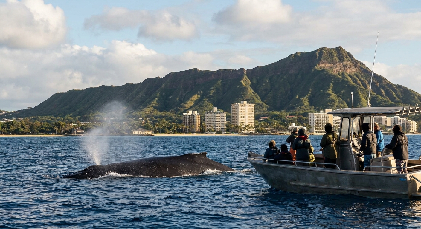 A humpback whale surfacing near a boat off a Hawaiian coastline
