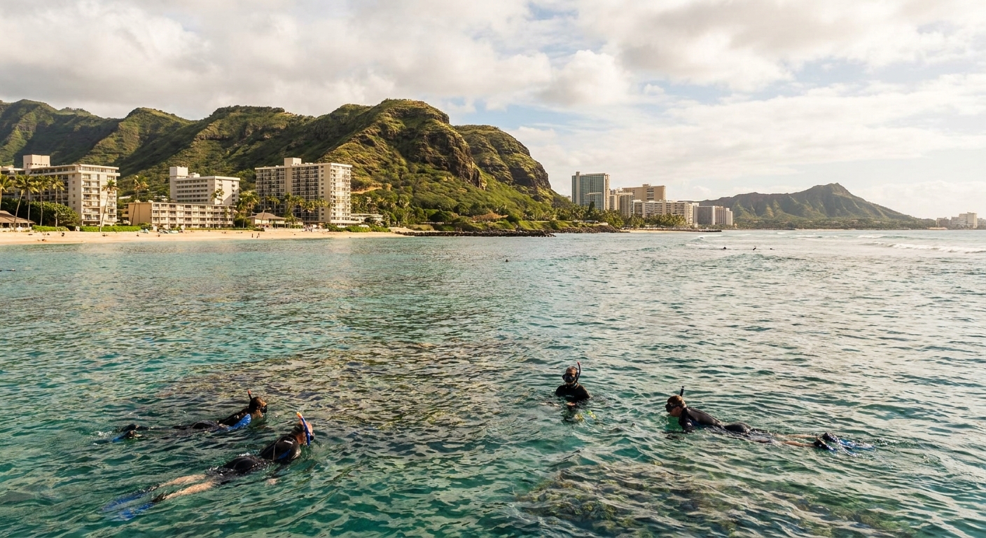 Snorkelers over a calm reef off a dry, sunny leeward coast on the Big Island