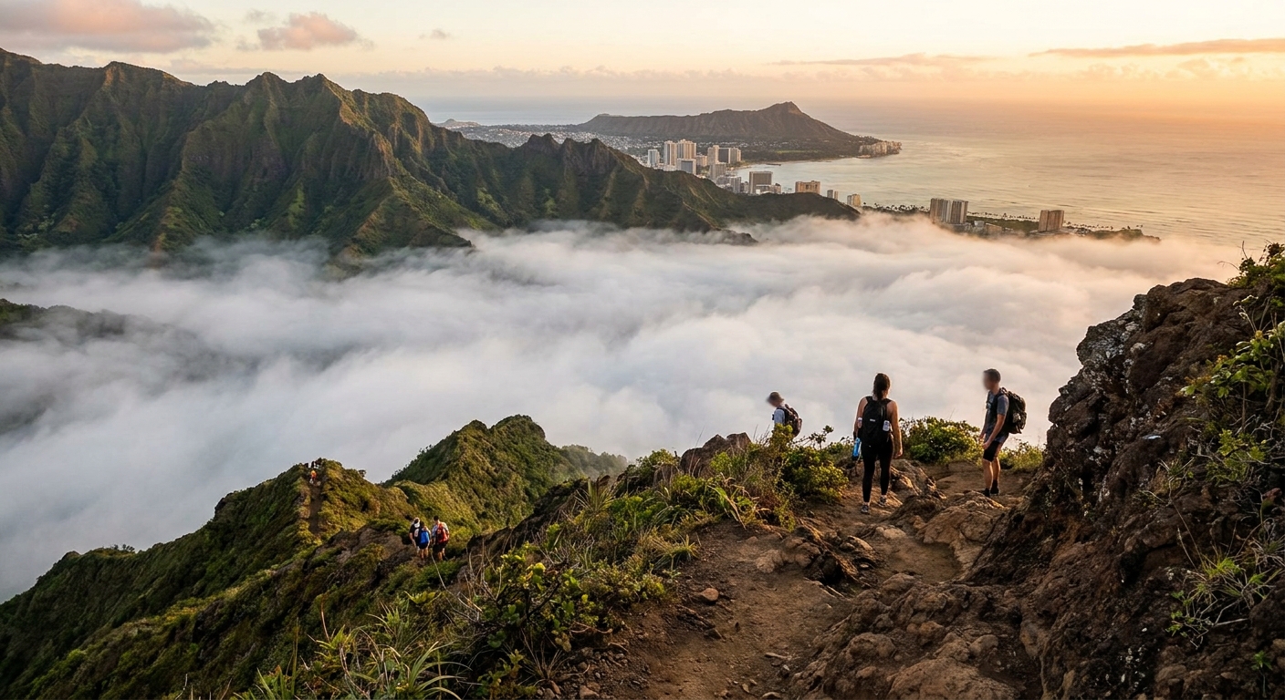 A trail switchbacking above the clouds near a volcanic summit at sunrise