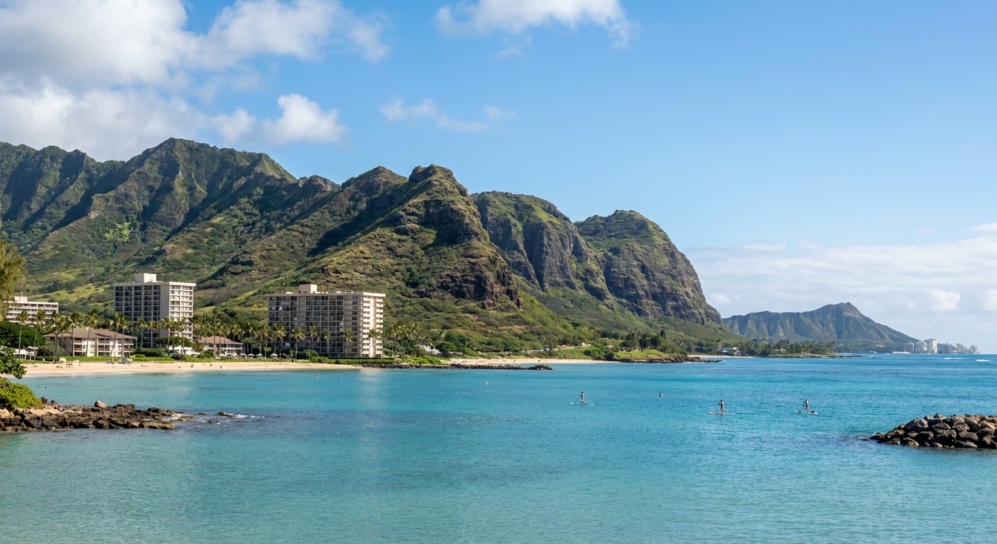 A calm turquoise bay on Hawaii's leeward coast under clear December skies