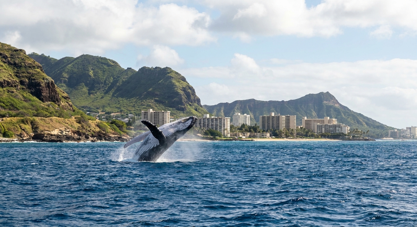 A humpback whale breaching off a Hawaiian coastline in winter