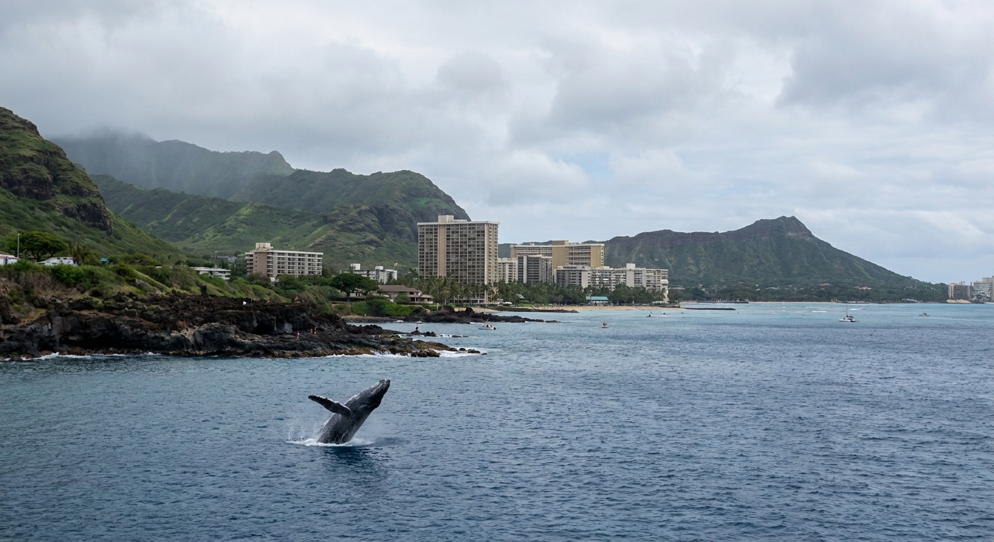A humpback whale breaching off a Hawaiian coastline in winter